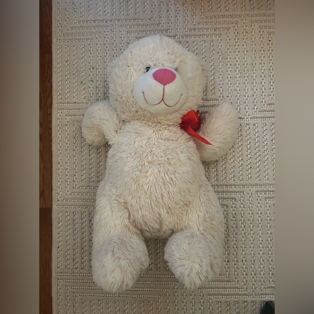 White/Cream Stuffie Stuffed Animal Teddy Bear W/ Red Rose Detail